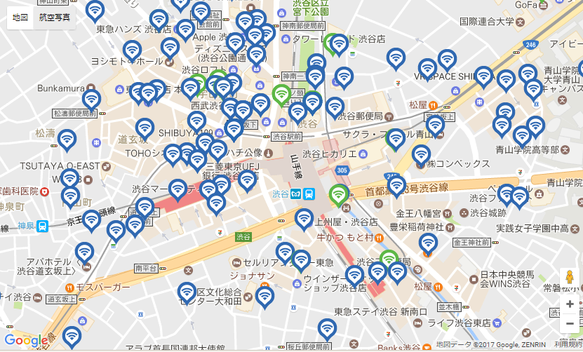 Wi2の渋谷周辺のアクセスポイント数