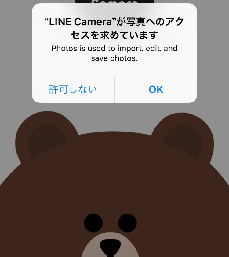 「LINEカメラが写真へのアクセスを求めています」などのメッセージは「OK」で許可