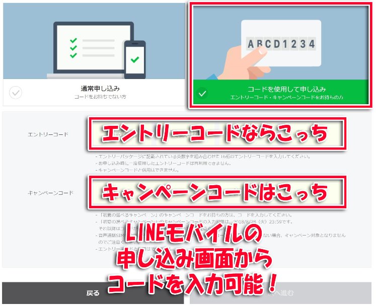 LINEモバイルの申し込みページの最初に「コードを使用して申し込み」という欄がある (2)
